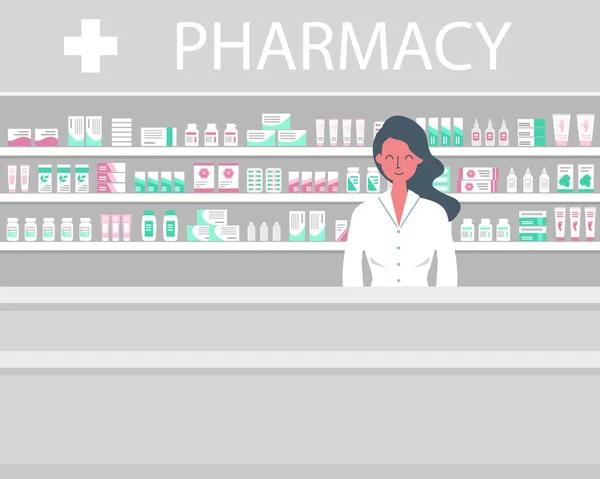 Banner Web Farmacéutico Mujer Joven Lugar Trabajo Una Farmacia Pie — Archivo Imágenes Vectoriales