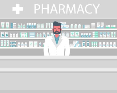 Bir eczacı Web afiş. Genç adam bir eczane işyerinde: önünde raflar ilaçlarla ayakta. Vektör düz çizim