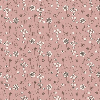 Pembe bir arka plan üzerinde küçük çiçekler ile Sevimli sorunsuz desen. Dekoratif çiçekler ve yaprakları ile soyut arka plan. Bu web siteleri için kullanılabilir, hediyeler ambalaj, kumaşlar, duvar kağıtları. Vektör