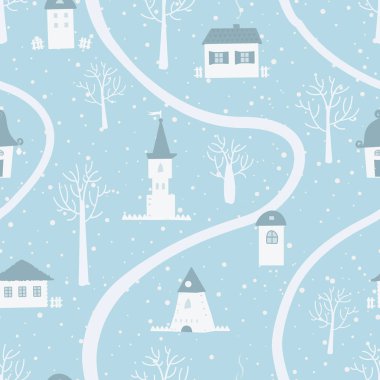 Kış köyü. Noel sorunsuz arka plan. Masal karikatür manzara. Resimde mavi arka planda evler ve ağaçlar vardır. Vektör çizimi