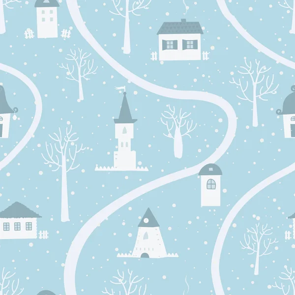 Winterdorf Weihnachten Nahtlosen Hintergrund Märchenhafte Cartoon Landschaft Auf Dem Bild — Stockvektor
