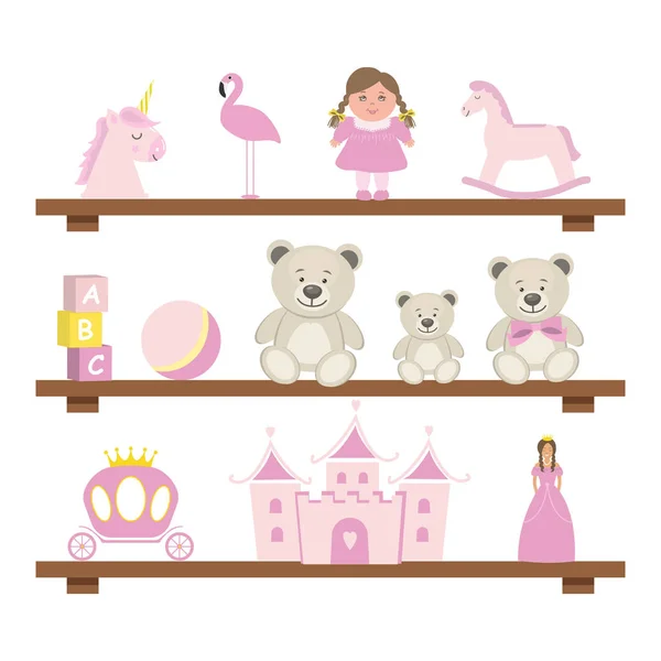 Shelves Toys Pink Toys Baby Girls Doll Unicorn Rocking Horse — Stock Vector