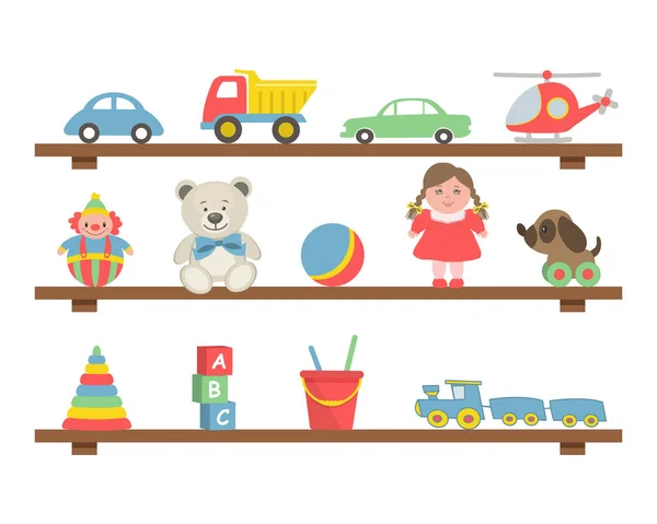 Toys Shelves Cars Helicopter Teddy Bears Doll Ball Train Dog — Stock Vector