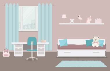 Children's room in a pink and blue color. There is a bed with pillows, a desk, a chair on a window background. There is also a shelf with toys, and other objects in the picture. Vector illustration