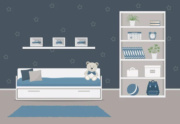 Habitación Infantil Color Azul Hay Una Cama Con Almohadas Pinturas — Vector de stock