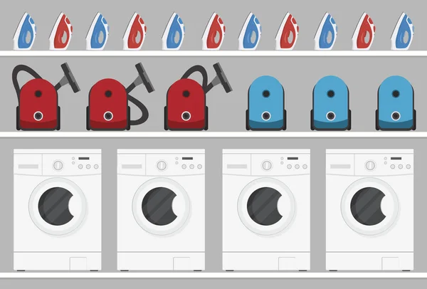 Háztartási Elektromos Készülékek Polcokon Mosógépek Porszívók Vasalók Vannak Képen Vektorillusztráció — Stock Vector