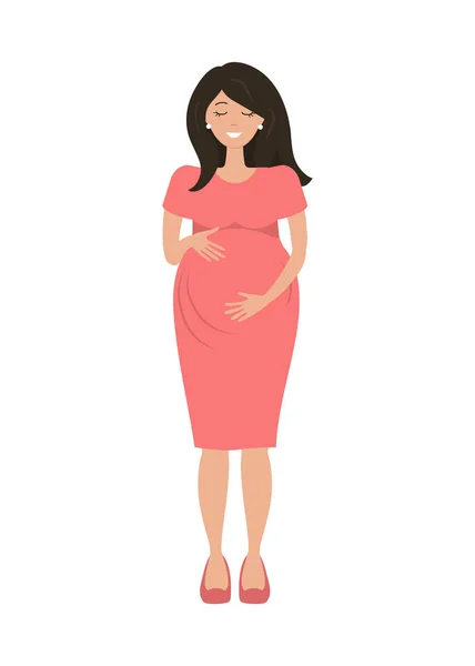 Gravid Kvinna Röd Klänning Isolerad Vit Bakgrund Leende Kvinna Håller — Stock vektor