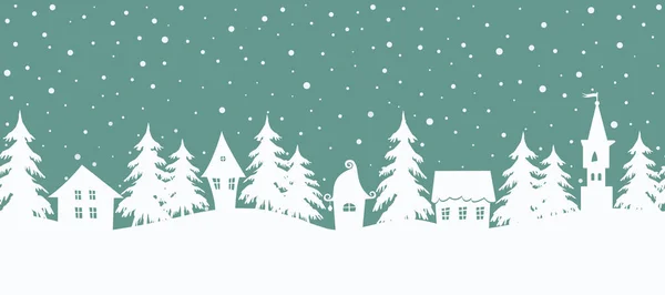 Рождественский Фон Сказочный Зимний Пейзаж Бесшовная Граница Бирюзовом Фоне Белые — стоковый вектор