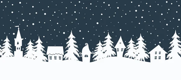 Рождественский Фон Сказочный Зимний Пейзаж Бесшовная Граница Белые Дома Елки — стоковый вектор