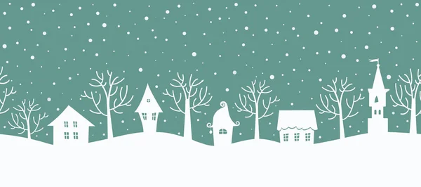 Рождественский Фон Зимний Пейзаж Бесшовная Граница Белые Дома Деревья Бирюзовом — стоковый вектор
