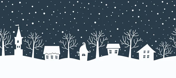 圣诞节的背景 冬季风景 没有缝隙的边界 在深蓝色的背景上有白色的房子和树木 冬天的村子 矢量说明 — 图库矢量图片