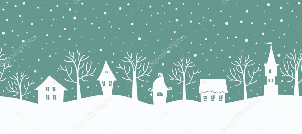 Christmas background. Winter landscape. Seamless border. There are white houses and trees on a turquoise background. Winter village. Vector illustration