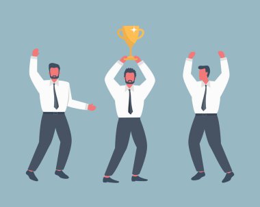 Ofis çalışanları zaferi ve başarıyı kutluyorlar. Çalışanlardan biri altın kupayı elinde tutuyor. Mutlu çalışanlar dans ediyor. İş adamlarının simgeleri. Acayip düz stil. Vektör