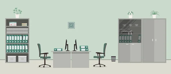 Gri Renkli Bir Ofis Odası Resimde Masalar Yeşil Sandalyeler Dokümanlar — Stok Vektör