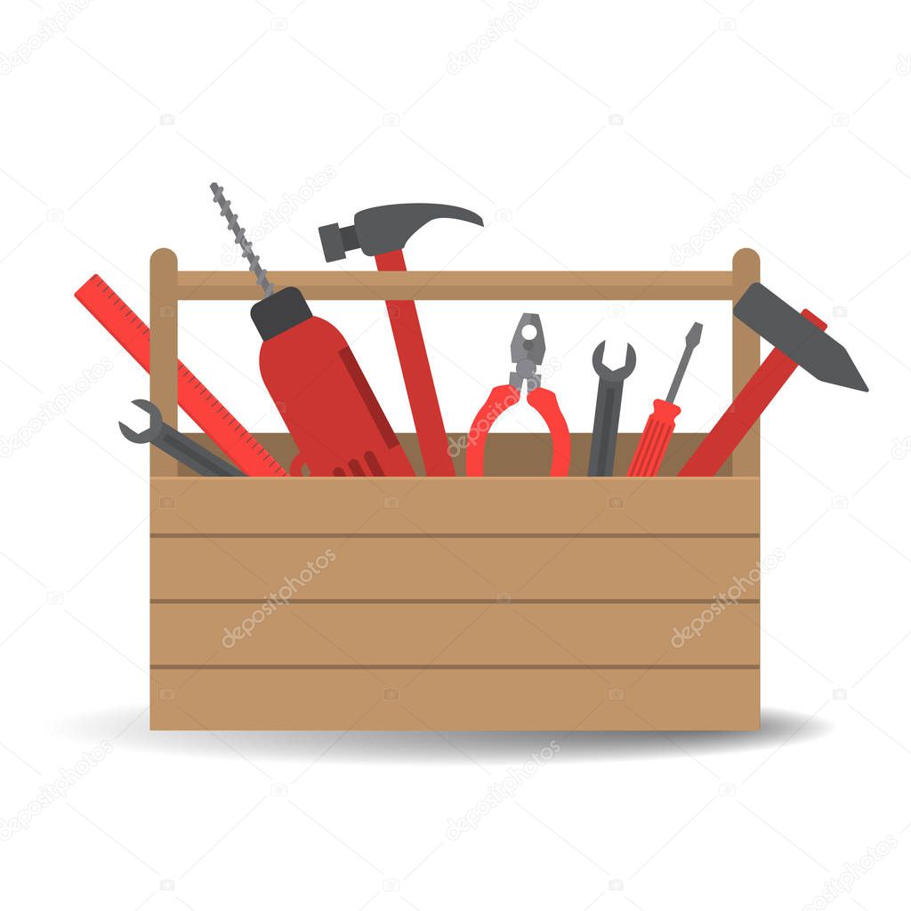 Toolbox. There is a drill, hammer, screwdriver, wrench, pliers, ruler in the picture. Vector illustration