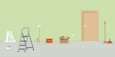 Evde oda tamiri var. Çalışan aletler, bir merdiven, bir kova, bir fırça, bir kepçe ve resimde onarılması gereken başka şeyler var. Vektör illüstrasyonu