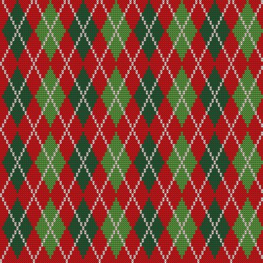 Argyle parmak izi. Noel arkaplanı. Eşkenar dörtgenli kusursuz örgü deseni. Kırmızı ve yeşil renklerde işaretlenmiş arkaplan. Vektör illüstrasyonu