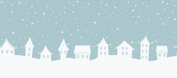Рождественский Фон Зимний Пейзаж Бесшовная Граница Белые Дома Сером Голубом — стоковый вектор