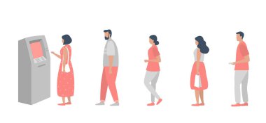 ATM kuyruğunda. İnsanlar ATM 'den para çekmek için sırada bekliyorlar. Düz biçimli vektör illüstrasyonu.