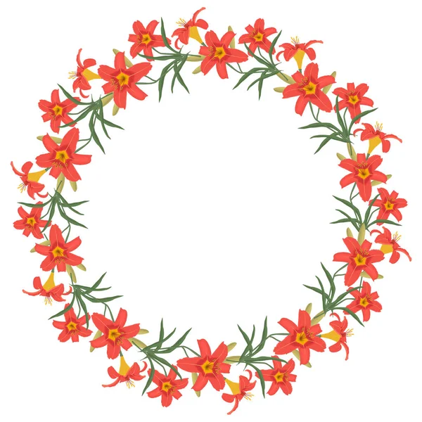 百合花的花形圆框 橘红色的百合花 花蕾和绿叶在白色的背景上 问候卡片模板 矢量说明 — 图库矢量图片