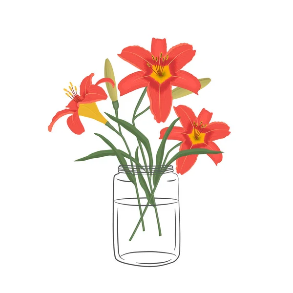 ガラス瓶に寝そべっている 白地に蕾と緑色の葉を持つ橙色の花を咲かせます 夏の花 花の組成 ベクターイラスト — ストックベクタ
