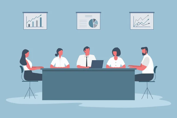 Üzletemberek Megbeszélésen Irodai Dolgozók Asztalnál Ülnek Irodában Falon Diagramok Vannak — Stock Vector