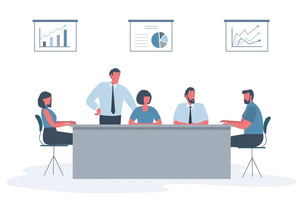 Üzletemberek Megbeszélésen Irodai Dolgozók Asztalnál Ülnek Irodában Vannak Diagramok Falon — Stock Vector