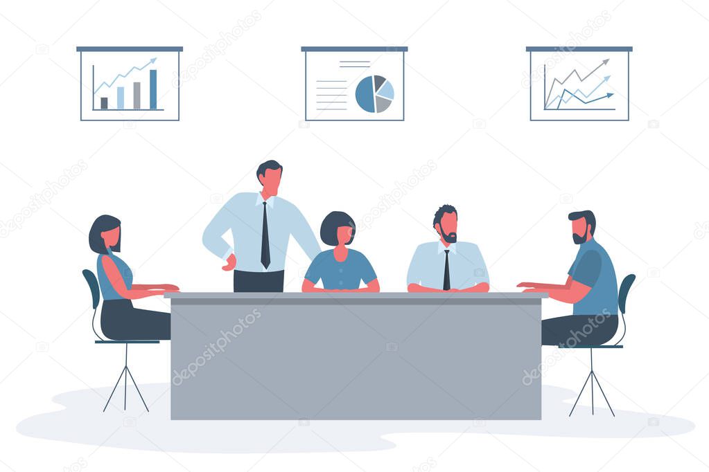 Business people during the meeting. Office workers are sitting at the table in the office. There are also diagrams on the wall in the image. Conference hall. Funky flat style. Vector illustration