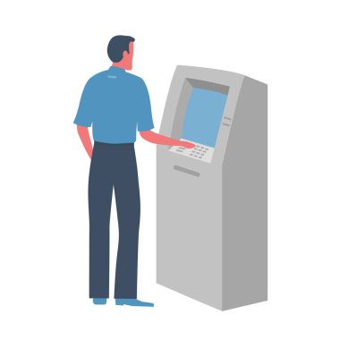 Adam ATM 'den para çekiyor. Adam terminali kullanıyor. Düz biçimli vektör illüstrasyonu.