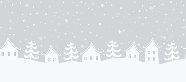 圣诞节的背景冬季风景 没有缝隙的边界灰色背景上有白色的房子和冷杉树 冬天的村子矢量说明 — 图库矢量图片