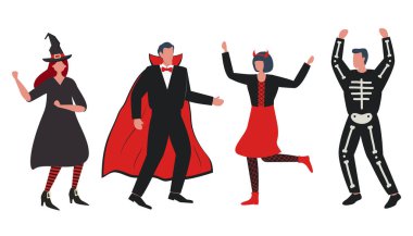 Cadılar Bayramı partisi. Cadılar Bayramı kostümlü insanlar dans edip eğleniyorlar. Bu görüntüde bir cadı, bir vampir, bir iblis ve bir iskelet var. Vektör illüstrasyonu