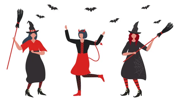 万圣节派对女巫和皮条客跳舞 穿着男装的年轻女人 两个穿着女巫服装 戴着扫帚的女人照片上也有蝙蝠 人们在庆祝万圣节 — 图库矢量图片