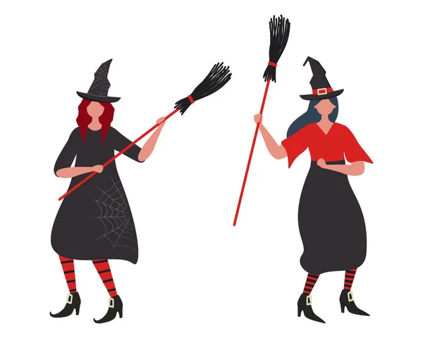 Ведьмы Танцуют Метлами Хэллоуинская Вечеринка Молодые Женщины Костюмах Ведьм Люди — стоковый вектор