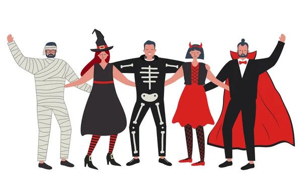 Halloweenfest Ungdomar Halloweendräkter Står Tillsammans Och Kramas Det Finns Vampyr — Stock vektor