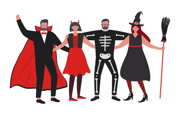 Halloween Feestje Jongeren Halloween Kostuums Staan Samen Knuffelen Een Vampier — Stockvector