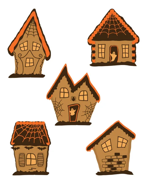 Ensemble Maisons Pain Épice Halloween Biscuits Halloween Vacances Illustration Vectorielle — Image vectorielle