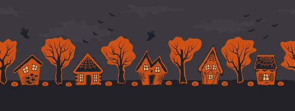 Casas Halloween Aldea Espeluznante Frontera Sin Fisuras Siluetas Naranjas Casas — Vector de stock