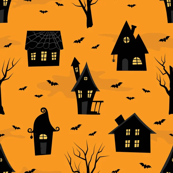 Fond Halloween Modèle Sans Couture Village Effrayant Silhouettes Noires Maisons — Image vectorielle