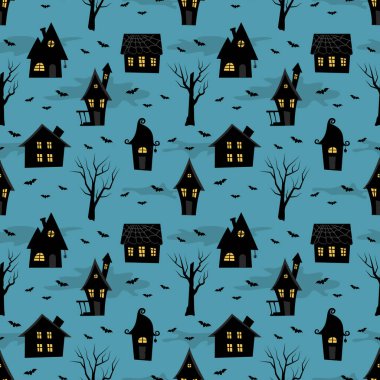 Cadılar Bayramı geçmişi. Kusursuz desen. Ürkütücü köy. Mavi arka planda siyah siluet evler, ağaçlar ve yarasalar. Vektör illüstrasyonu