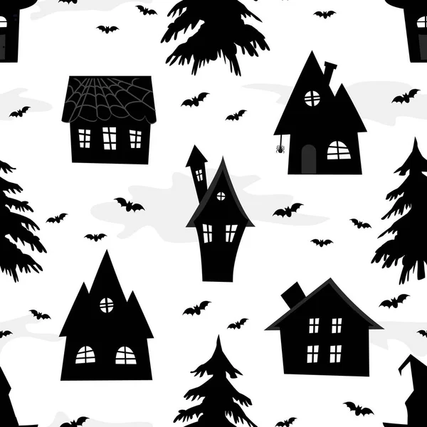 Cadılar Bayramı geçmişi. Kusursuz desen. Ürkütücü köy. Beyaz arka planda siyah ev siluetleri, köknar ağaçları ve yarasalar. Vektör illüstrasyonu