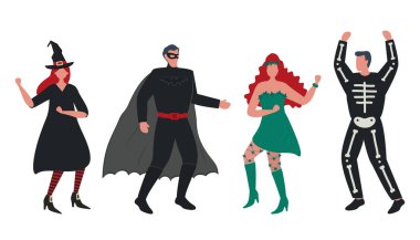 Cadılar Bayramı partisi. Maskeli balo. Cadılar Bayramı kostümlü insanlar dans edip eğleniyorlar. Vektör illüstrasyonu