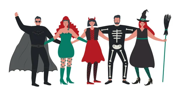 Halloween Feestje Jongeren Halloween Kostuums Staan Samen Knuffelen Vectorillustratie — Stockvector