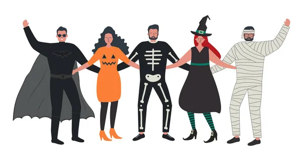 Halloween Feestje Jongeren Halloween Kostuums Staan Samen Knuffelen Vectorillustratie — Stockvector