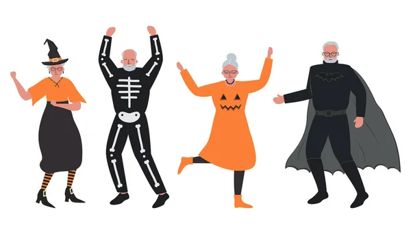 Halloween Feestje Ouderen Halloween Kostuums Dansen Hebben Plezier Vectorillustratie — Stockvector