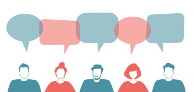 Kadın ve erkek iletişimi. Gençler topluluğu. Konuşma baloncukları olan ikonlar. Vektör illüstrasyonu