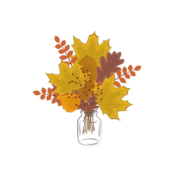 Autumn Leaves Glass Jar Leaves Oak Maple Birch Other Trees — Stock Vector