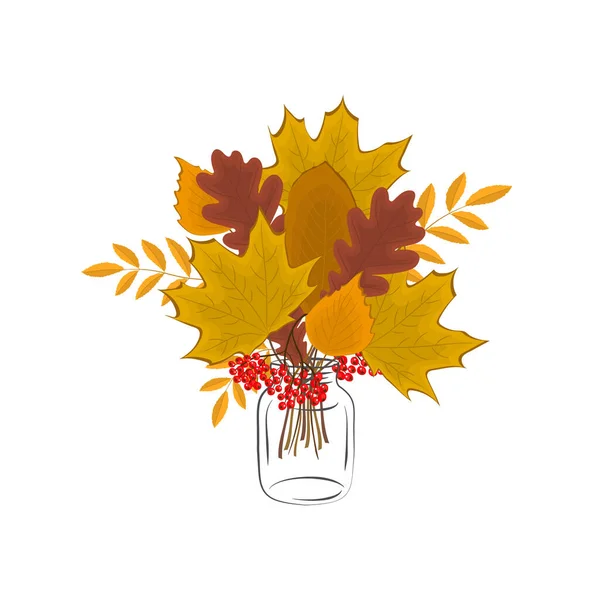 Podzimní Listí Sklenici Obrázku Jsou Žluté Listy Javoru Dubu Břízy — Stockový vektor