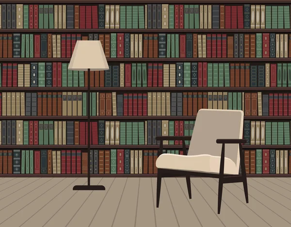 Intérieur Bibliothèque Fauteuil Blanc Lampadaire Sur Fond Bibliothèque Vieux Livres — Image vectorielle