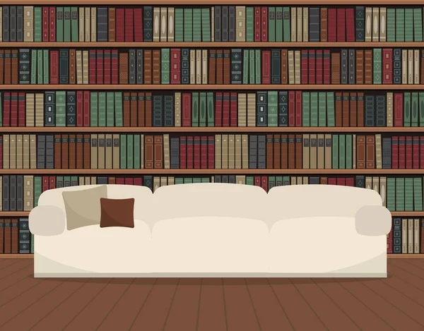 Intérieur Bibliothèque Canapé Blanc Sur Fond Bibliothèque Vieux Livres Sur — Image vectorielle