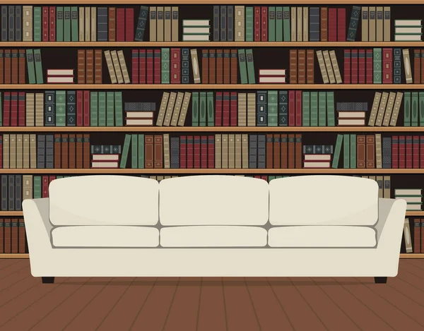 Innenraum Der Bibliothek Auf Einem Bücherregal Steht Ein Weißes Sofa — Stockvektor